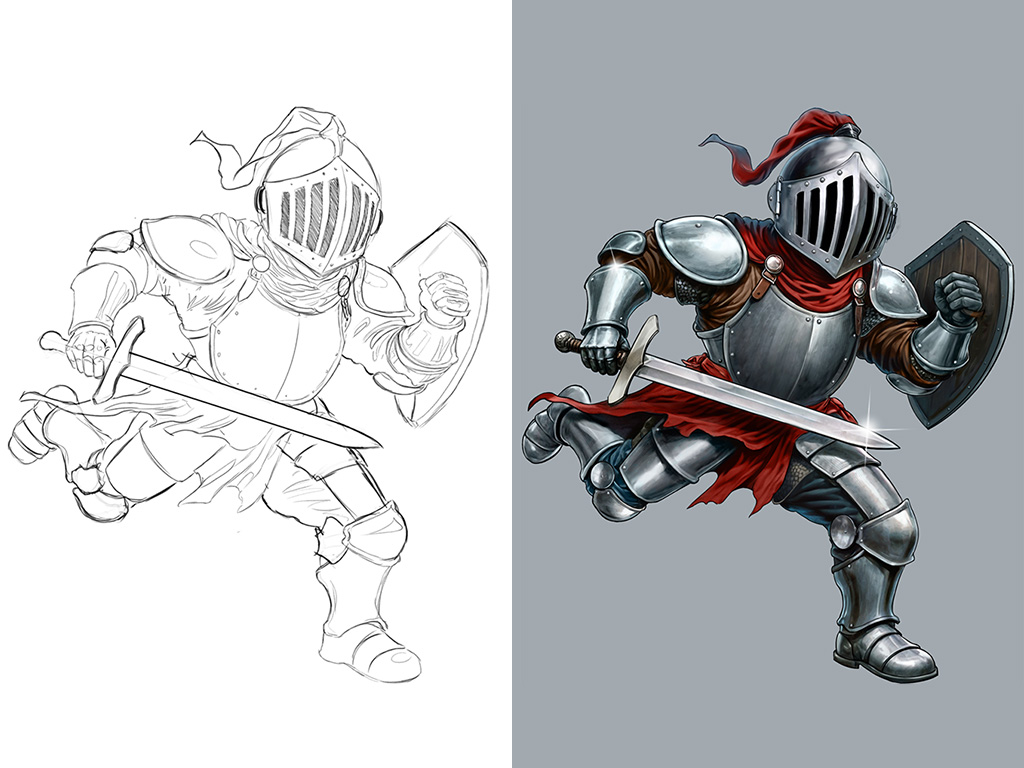 Dibujo del caballero protagonista y su posterior ilustración a color.